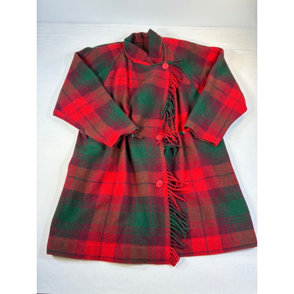 Lynn Pullman Vintage 100% Wool Plaid Fringe Coat Red Green Small Holiday Jacket